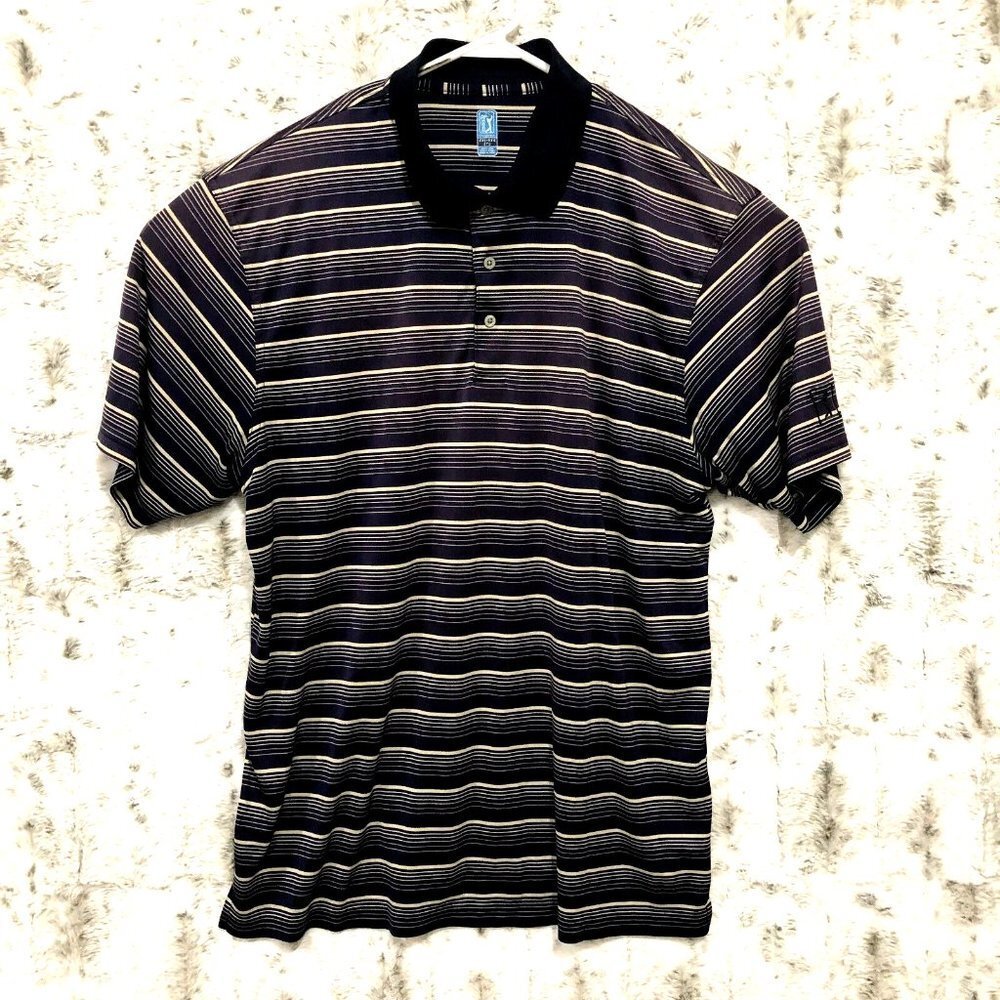 PGA Tour Polo Shirt Mens XXL Short Sleeve Blue Striped Stretch